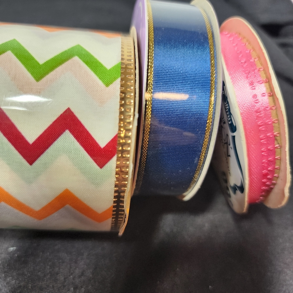 Vintage Colorful Ribbon Set with Chevron Pattern Gold Trim, 8 Spools - Picture 3 of 10